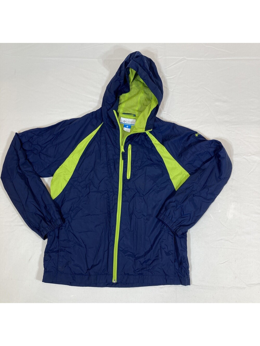 Columbia Youth Large Navy Lime Green Full Zip Lightweight Jacket Windbreaker EUC